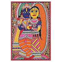 Madhubani painting, 'Krishna's Flute' - Signed Madhubani Painting on Handmade Paper