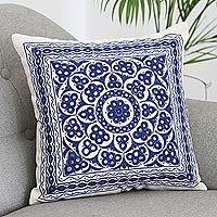 Embroidered cotton cushion cover, 'Royal Blue' - Embroidered Cotton Cushion Cover from India