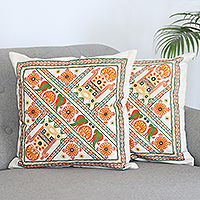 Embroidered cotton cushion covers, 'Kaleidoscopic Palace' (pair) - Embroidered Cotton Cushion Covers from India (Pair)
