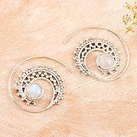 Rainbow moonstone hoop earrings, 'Indian Swirl' - Sterling Silver Hoop Earrings with Rainbow Moonstones