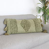 Embroidered cotton cushion cover, 'Good Deed in Green' - Green Cotton Cushion Cover with Tufted Embroidery