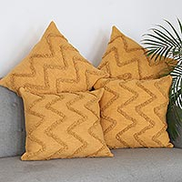 Embroidered cotton cushion covers, 'Marigold Path' (set of 4) - Embroidered Cushion Covers with Zigzag Motif (Set of 4)