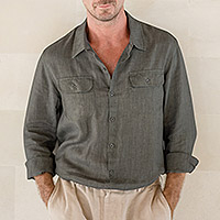 Men's linen shirt, 'Wish List in Sage' - Men's Long-Sleeved Linen Shirt