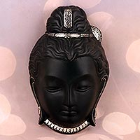 Silver inlay bidri mask, 'Silver Shiva' - Silver Inlay Bidriware Shiva Wall Mask