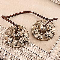 Leather accented brass bells, 'Ritual Sound' - Leather Accented Brass Prayer Bells from India