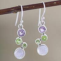 Multi-gemstone dangle earrings, 'Sparkling Path' - Peridot and Rainbow Moonstone Dangle Earrings