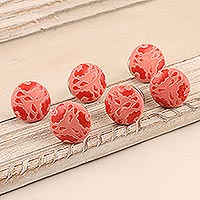 Decorative ceramic knobs, 'Strawberry Florals' (set of 6) - Hand Crafted Ceramic Knobs from India (Set of 6)