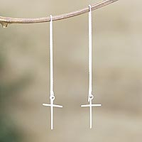 Sterling silver threader earrings, 'Profound Belief' - Sterling Silver Threader Earrings with Cross Motif