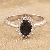 Rhodium-plated sapphire and cubic zirconia cocktail ring, 'Crown of Destiny' - Hand Crafted Rhodium-Plated Blue Sapphire Cocktail Ring