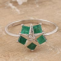Rhodium-plated emerald and cubic zirconia cocktail ring, 'Film Star' - Rhodium-Plated Emerald and Cubic Zirconia Cocktail Ring