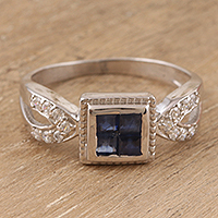 Rhodium-plated sapphire cocktail ring, 'Royal Plaza' - Rhodium-Plated Sapphire and Cubic Zirconia Cocktail Ring