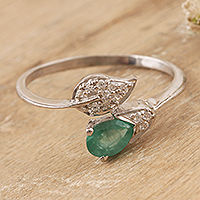 Rhodium-plated emerald wrap ring, 'Leaf Princess' - Rhodium-Plated Emerald Wrap Ring with Leaf Motif