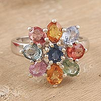 Rhodium-plated sapphire cocktail ring, 'Dazzling Garden' - Rhodium-Plated Multicolored Sapphire Cocktail Ring