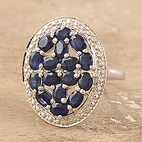 Rhodium-plated sapphire cocktail ring, 'Dream Theory' - Artisan Crafted Rhodium-Plated Sapphire Cocktail Ring