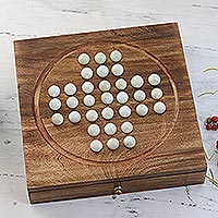 Wood board game, 'With Patience' - Mango Wood and Marble Solitaire Game