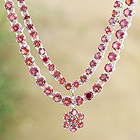 Rhodium-plated garnet pendant necklace, 'Lavish Crimson' - Rhodium-Plated Garnet Pendant Necklace from India