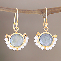 Gold-plated labradorite and cultured pearl dangle earrings, 'Passing Fancy' - Gold-Plated Labradorite and Pearl Dangle Earrings