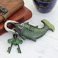 Brass lock and key set, 'Water Queen' (3 pieces) - Brass Lock and Key Set with Fish Motif (3 Pieces)