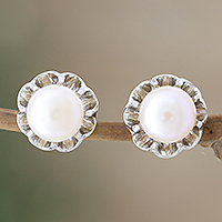 Cultured pearl button earrings, 'Slice of Heaven' - Cultured Pearl and Sterling Silver Button Earrings