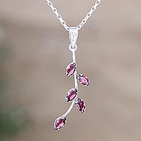 Garnet pendant necklace, 'Leaf Sprig' - Garnet and Sterling Silver Pendant Necklace