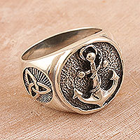 Men's sterling silver signet ring, 'Nautical Friendship' - Men's Sterling Silver Signet Ring with Nautical Motif