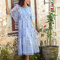 Block-printed viscose empire waist dress, 'Blue Sophistication' - Embellished Block-Printed Viscose Chiffon Dress