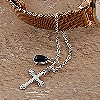 Onyx watch accent, 'Magical Appeal' - Onyx and Sterling Silver Watch Accent with Charms from India