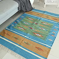 Hand-woven wool area rug, 'Azure Stars' (4 x 6) - Hand-Woven Wool Area Rug from India (4 x 6)