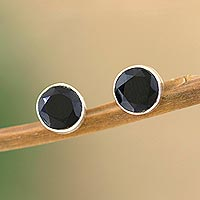 Onyx stud earrings, 'Pitch Dark' - Black Onyx and Sterling Silver Stud Earrings from India