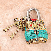Brass lock and key set, 'Forever Mine' (3 pieces) - Brass Lock and Key Set with Owl Motif (3 Pieces)