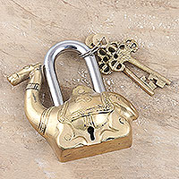 Brass lock and key set, 'Rajasthan Ride' (3 pieces) - Brass Lock and Key Set with Camel Motif (3 Pieces)