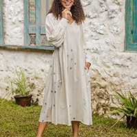 Cotton dress, 'Dancing Stars' - Ecru Printed Cotton Dress with Pockets and V-Neckline