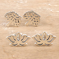 Sterling silver stud earrings, 'Lotus and Tree' (pair) - Floral and Tree Themed Stud Earrings (Pair)