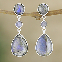 Labradorite dangle earrings, 'Oil Slick' - Handcrafted Sterling Silver and Labradorite Dangle Earrings
