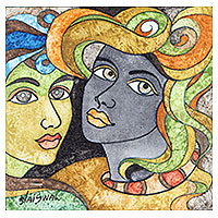 'Radha and Krishna' - Radha and Krishna Painting on Canvas