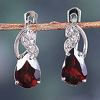 Rhodium-plated garnet and cubic zirconia drop earrings, 'Red Glam' - Rhodium-Plated Drop Earrings with Garnet and Cubic Zirconia