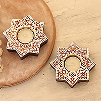 Wood tealight candle holders, 'Kaleidoscopic Sky' (pair) - Mango Wood Tealight Candle Holders with Star Motif (Pair)