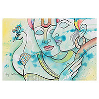 'Lord of Gopis' - Signed Original Hindu Painting from India