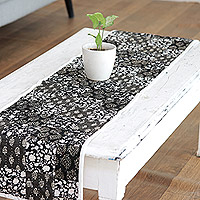 Cotton patchwork table runner, 'Charcoal Blooms' - Black and Grey Cotton Table Runner with Patchwork Pattern
