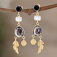 Gold-plated multi-gemstone dangle earrings, 'Winter Leaves' - Gold-Plated Smoky Quartz and Black Onyx Dangle Earrings