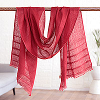 Linen shawl, 'Dreams in Red' - Red Linen Shawl made in India