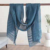 Linen shawl, 'Dreams in Teal' - Linen Shawl in Teal Made in India