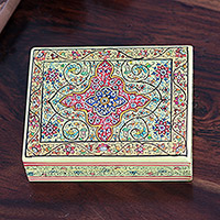 Papier mache decorative box, 'Blooms in Persia' - Wood Papier Mache Decorative Box from India