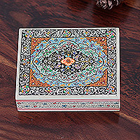Papier mache decorative box, 'Persian Midnight Garden' - Indian Wood Papier Mache Decorative Box in Blue