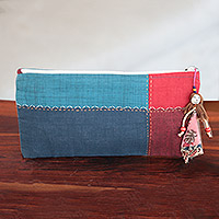 Cotton toiletry bag, 'Azure Fusion' - Blue and Red Cotton Toiletry Bag with Doll Keychain