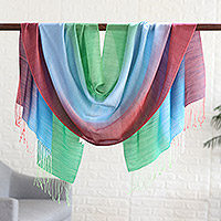 Silk blend shawl, 'Candy Flare' - Silk Blend Colorful Shawl with Fringes Crafted in India