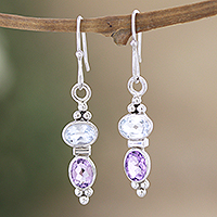 Amethyst and blue topaz dangle earrings, 'Glowing Fusion' - Sterling Silver Amethyst and Blue Topaz Dangle Earrings