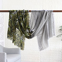 Wool shawl, 'Olive Fusion' - Floral and Stitched Wool Shawl Woven in India