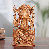 Wood sculpture, 'Sweet Tusk' - Handmade Kadam Wood Ganesha Sculpture