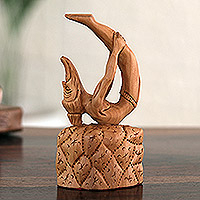 Wood sculpture, 'Dhanurashana' - Artisan Crafted Yogi Sculpture
